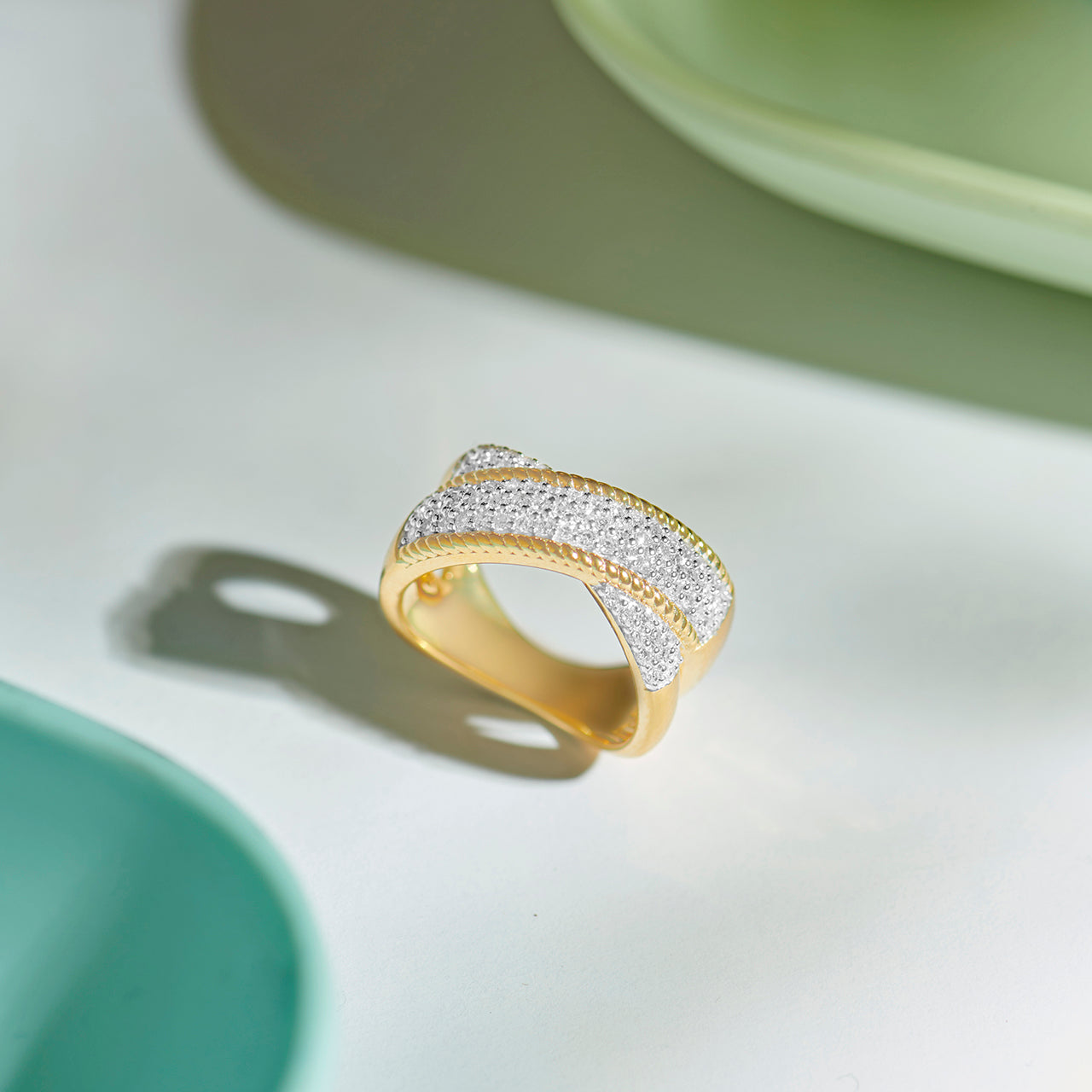 Wide Criss Cross Diamond Band|14K Gold Vermeil Lab Grown Diamond