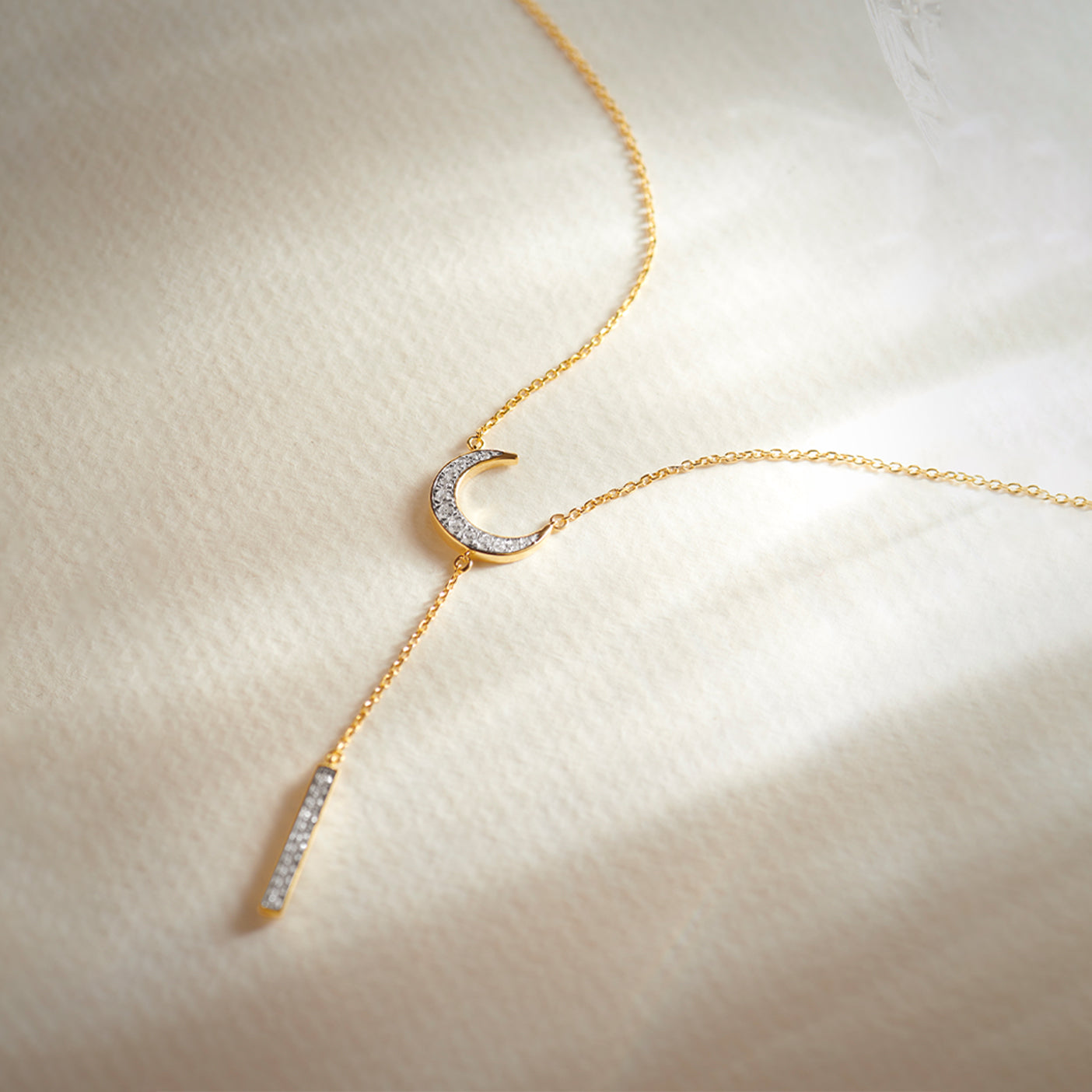 Crescent Moon Diamond Lariat Necklace|14K Gold Vermeil Lab Grown