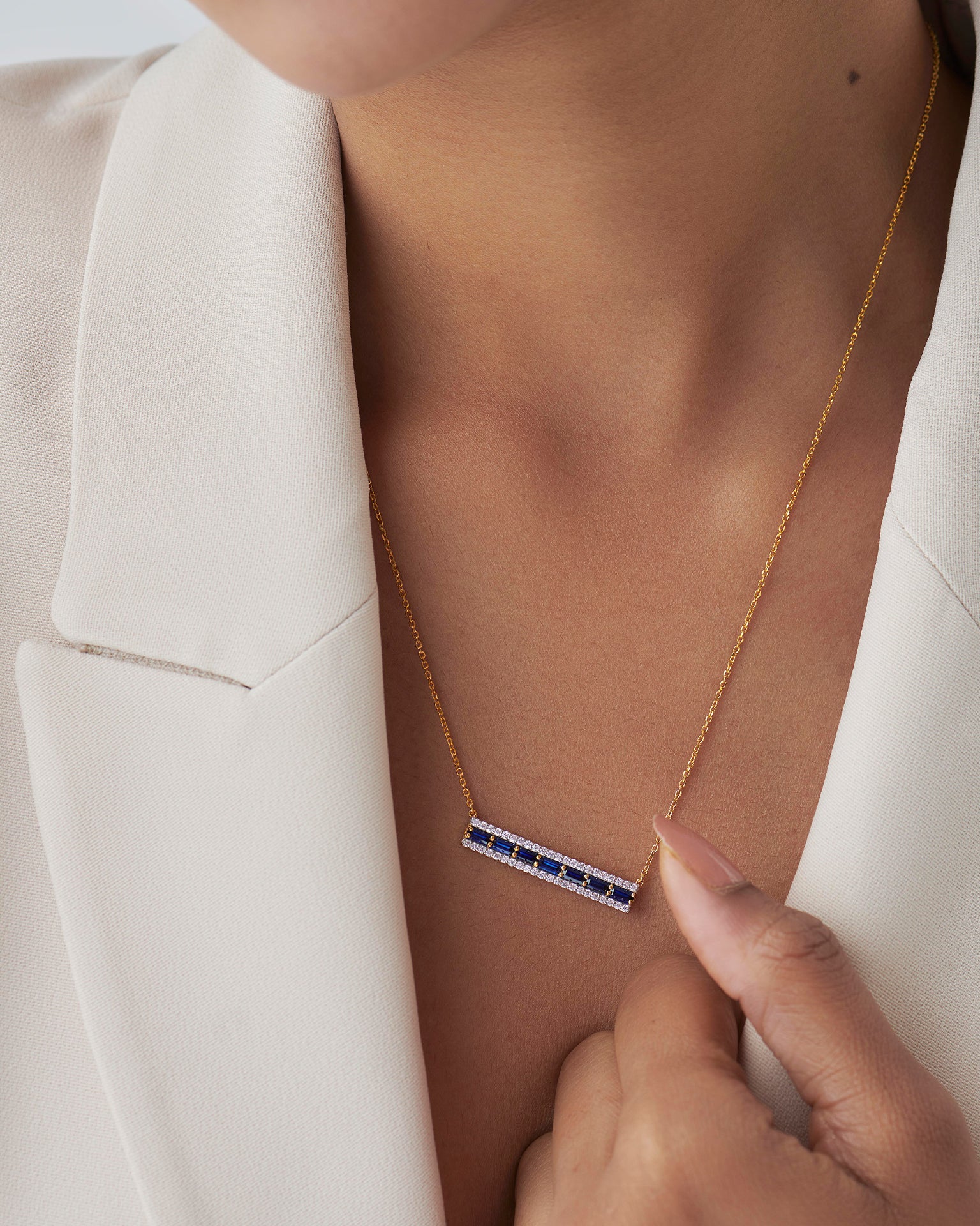 Created Sapphire Bar Necklace, 14K Gold Vermeil, 1/3 ct Lab Grown Diamond-4