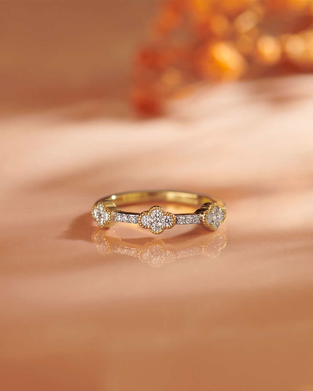 Three-Flower Diamond Ring, 14K Gold Vermeil, 1/4 ct Lab Grown Diamond-6