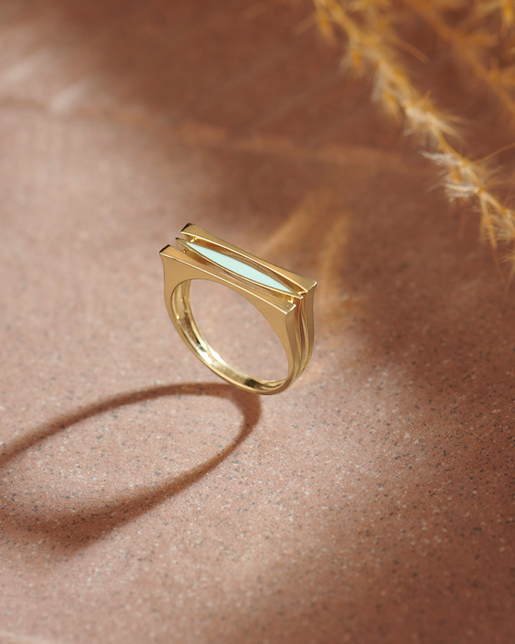 Square Green Cera Band, 14K Solid Gold-8