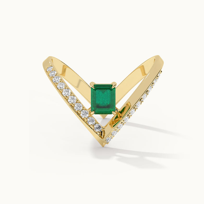 Lab Emerald V-Shaped Diamond Ring