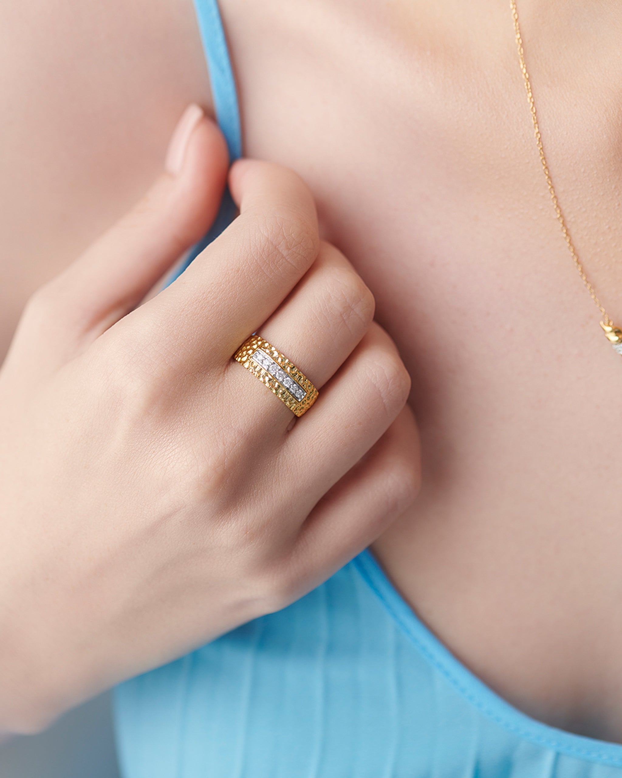 Statement Hammered Diamond Band, 14K Solid Gold, 1/6 ct Lab Grown Diamond-2