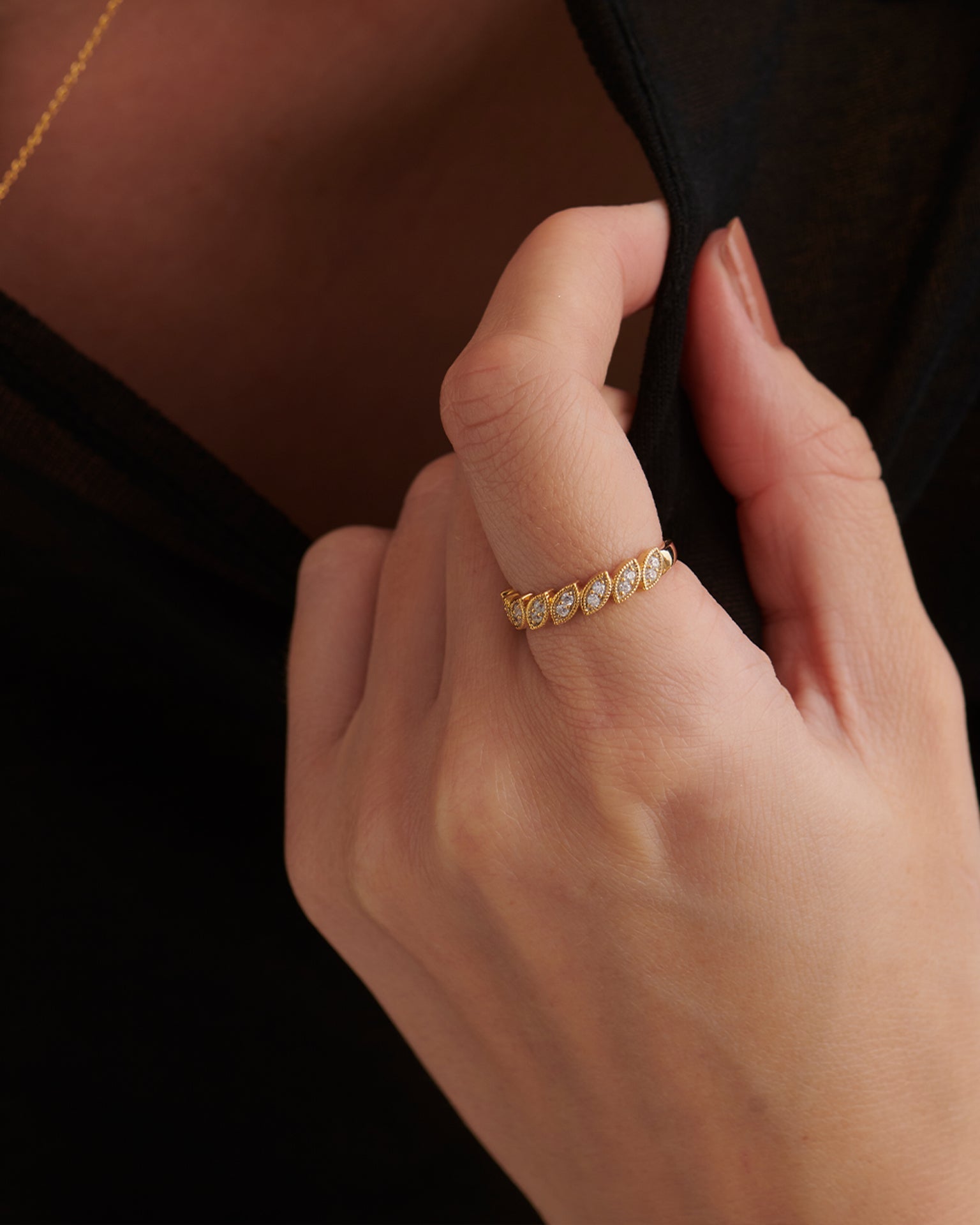 Milgrain Leafy Stackable Band, 14K Solid Gold, 1/6 ct Lab Grown Diamond-2
