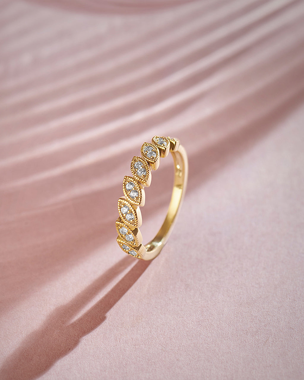 Milgrain Leafy Stackable Band, 14K Solid Gold, 1/6 ct Lab Grown Diamond-6