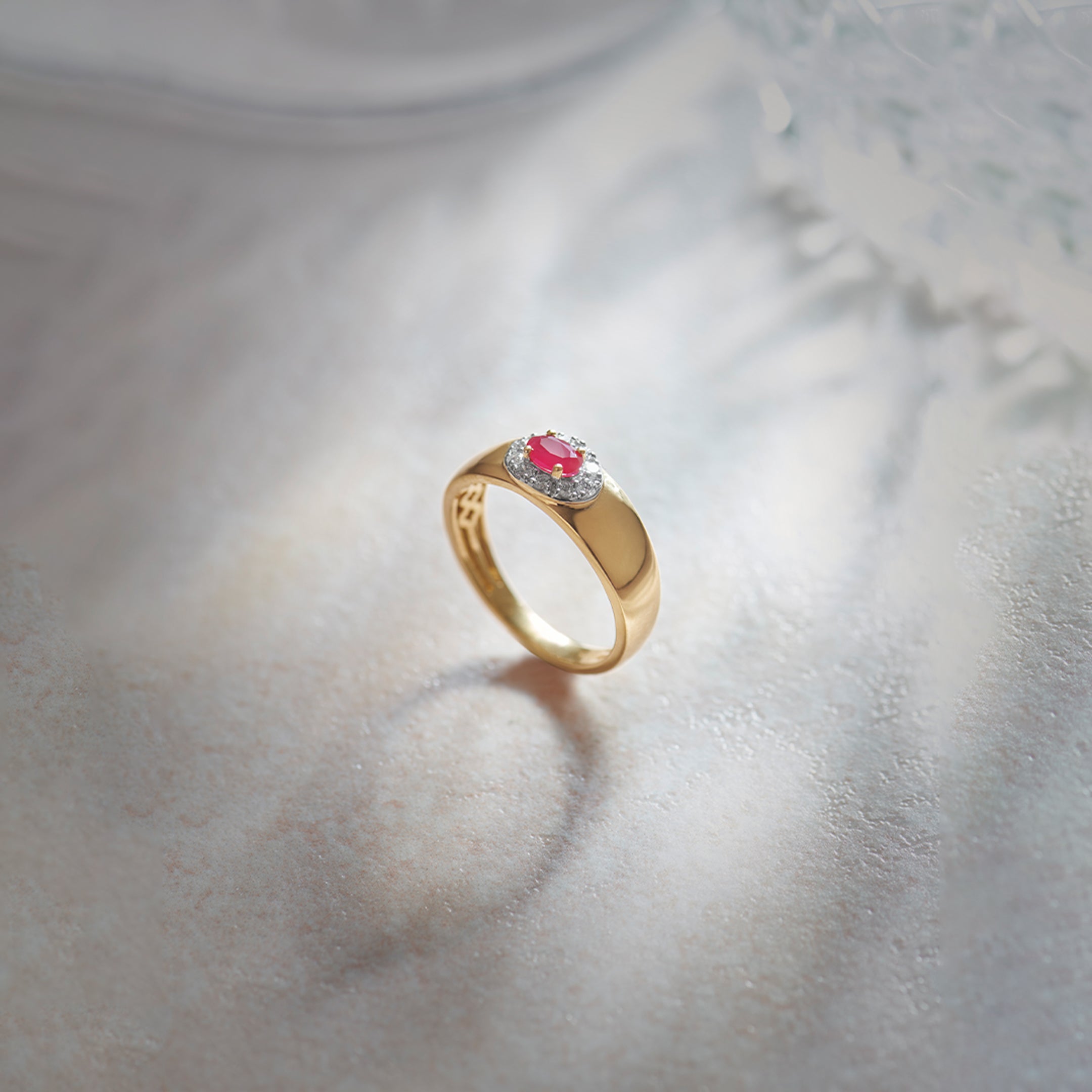 Created Ruby Halo Diamond Band, 14K Gold Vermeil, 1/6 ct Lab Grown Diamond-1