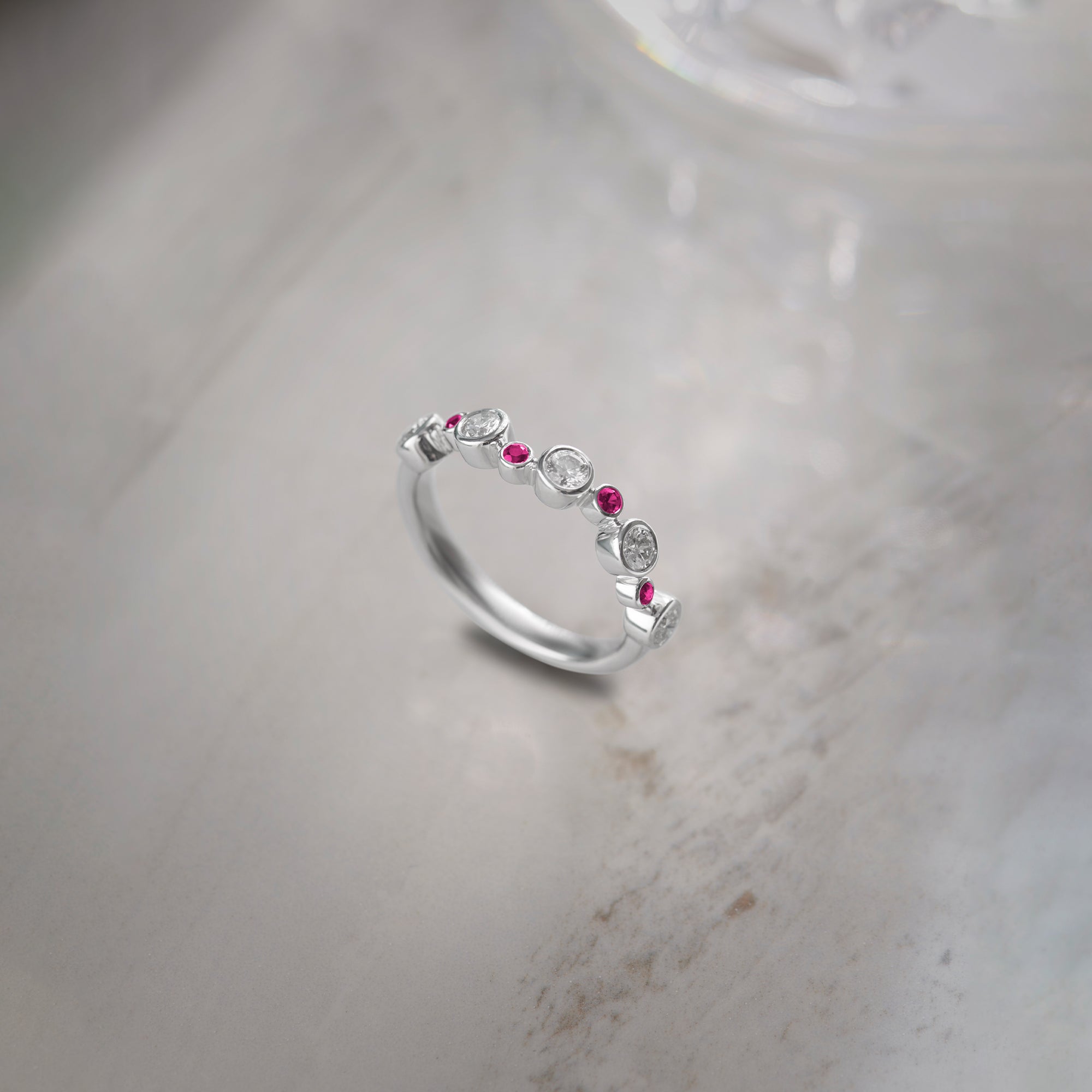 Created Ruby Scattered Diamond Band, Sterling Silver, 3/8 ct Lab Grown Diamond-1