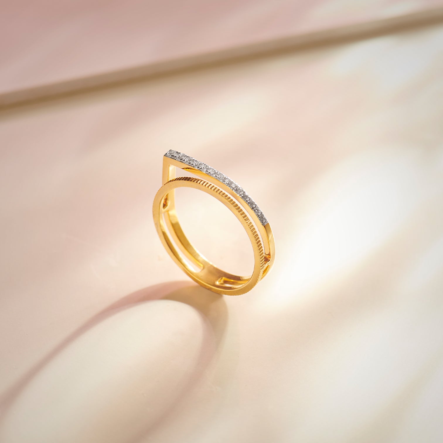 Textured Twin Band, 14K Solid Gold, 1/8 ct Lab Grown Diamond-1