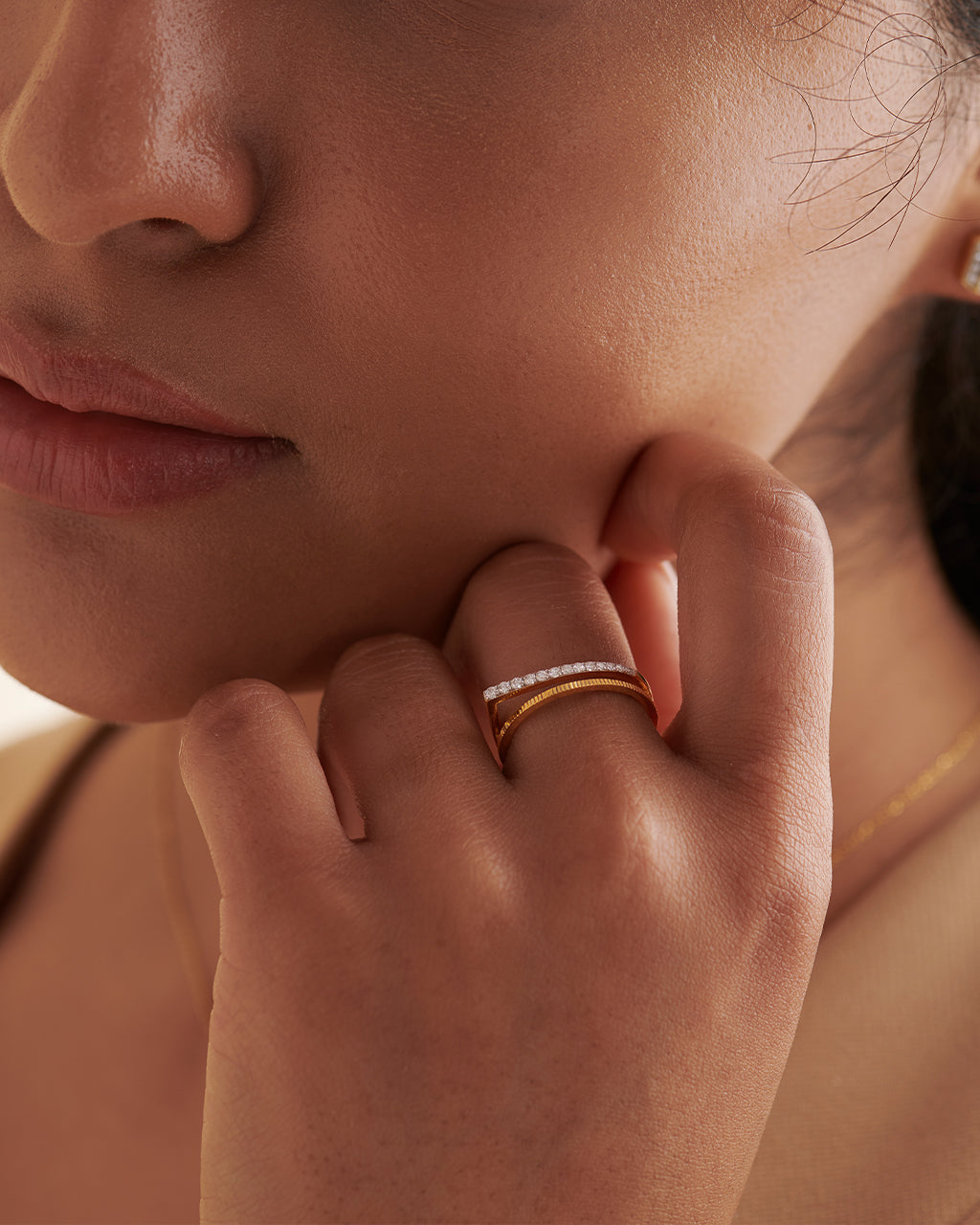 Textured Twin Band, 14K Gold Vermeil, 1/8 ct Lab Grown Diamond-2