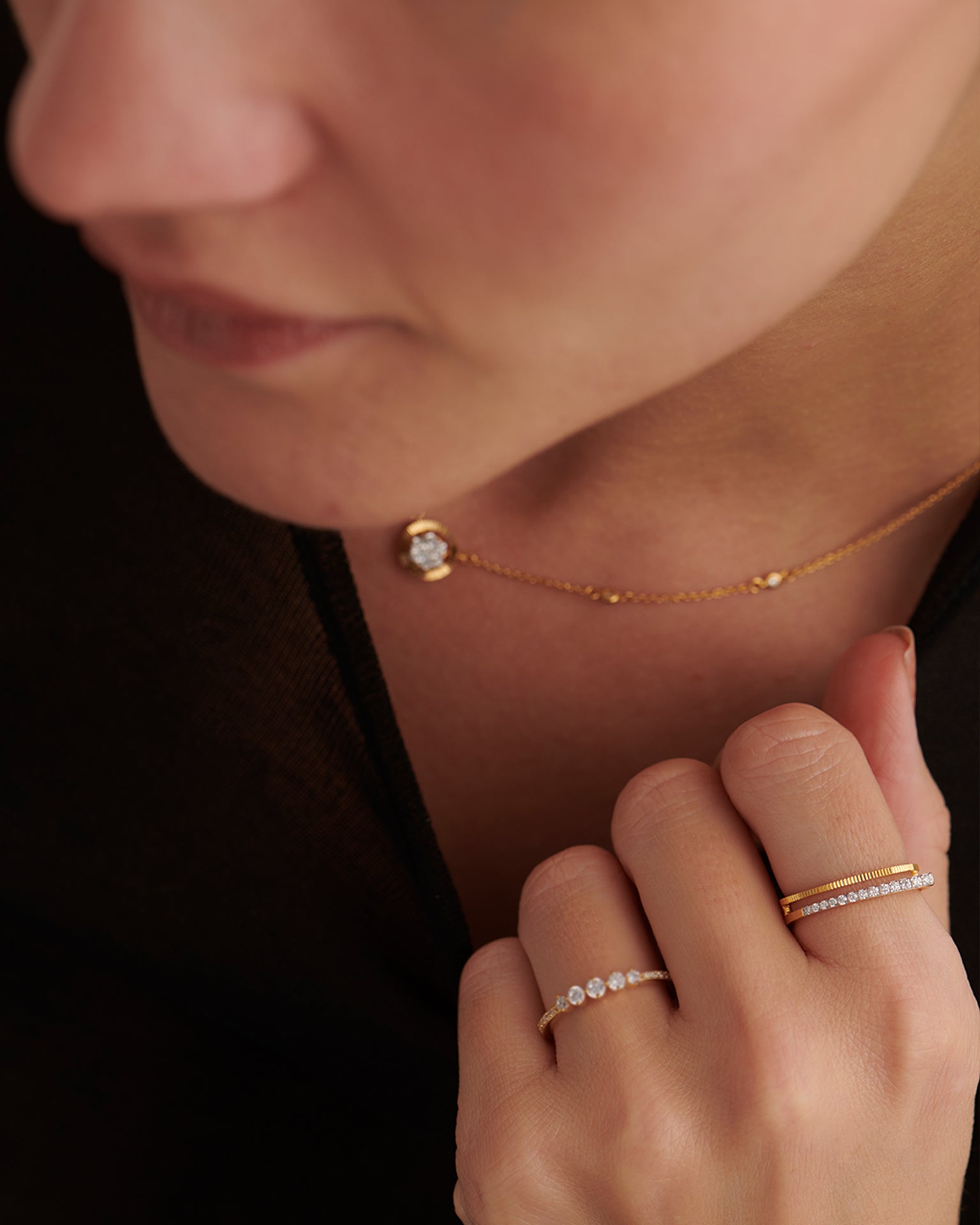 Textured Twin Band, 14K Solid Gold, 1/8 ct Lab Grown Diamond-4