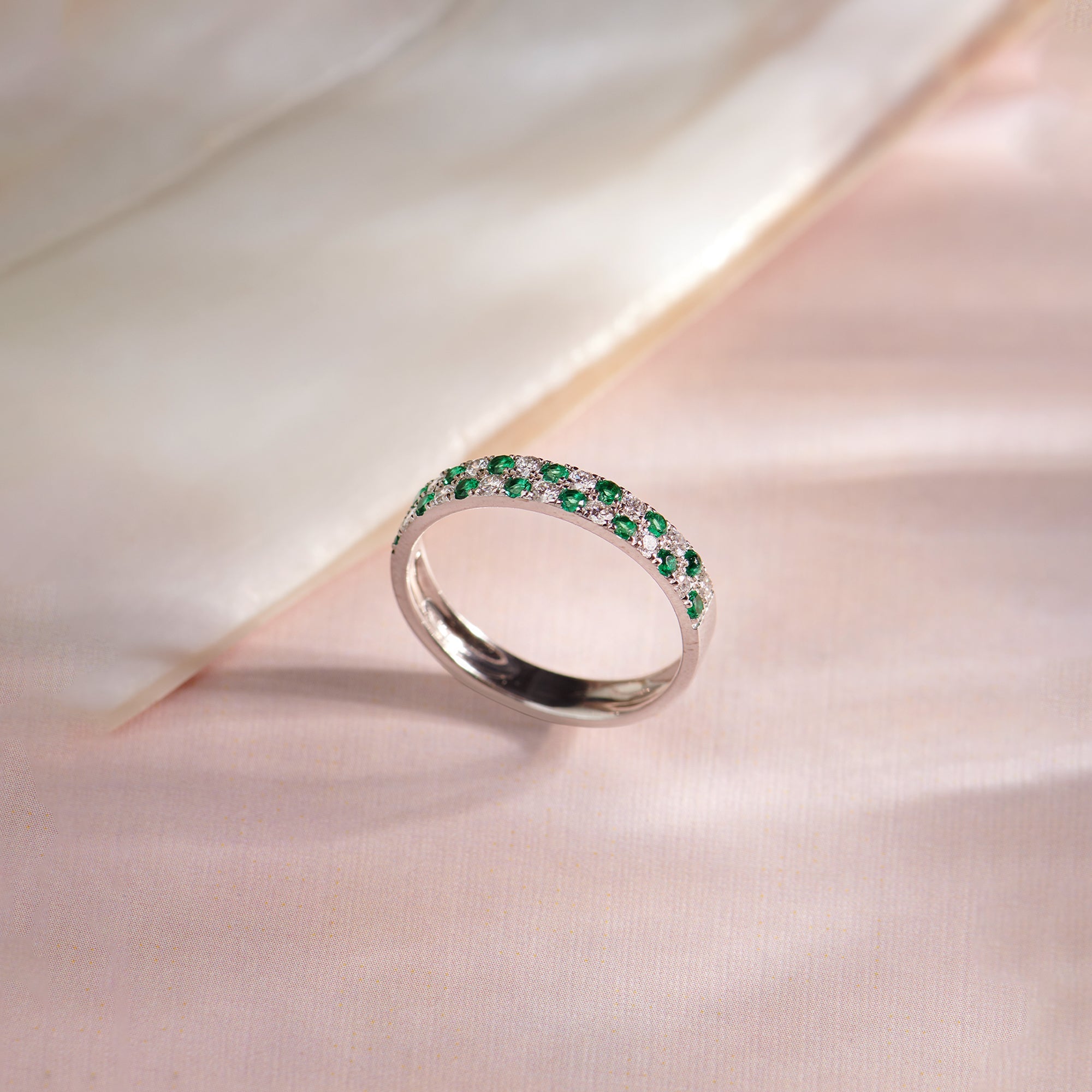 Created Emerald Checkered Band, 14K Solid Gold, 1/4 ct Lab Grown Diamond-1