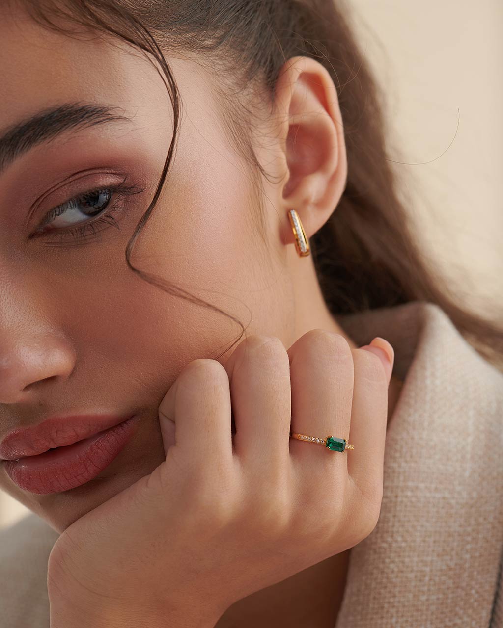 Created Emerald Diamond Ring, 14K Solid Gold, 1/20 ct Lab Grown Diamond-2