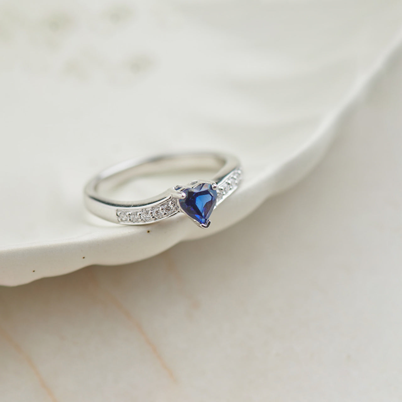 Created Sapphire & Diamond Heart Ring, 14K Solid Gold, 1/10 ct Lab Grown Diamond-1