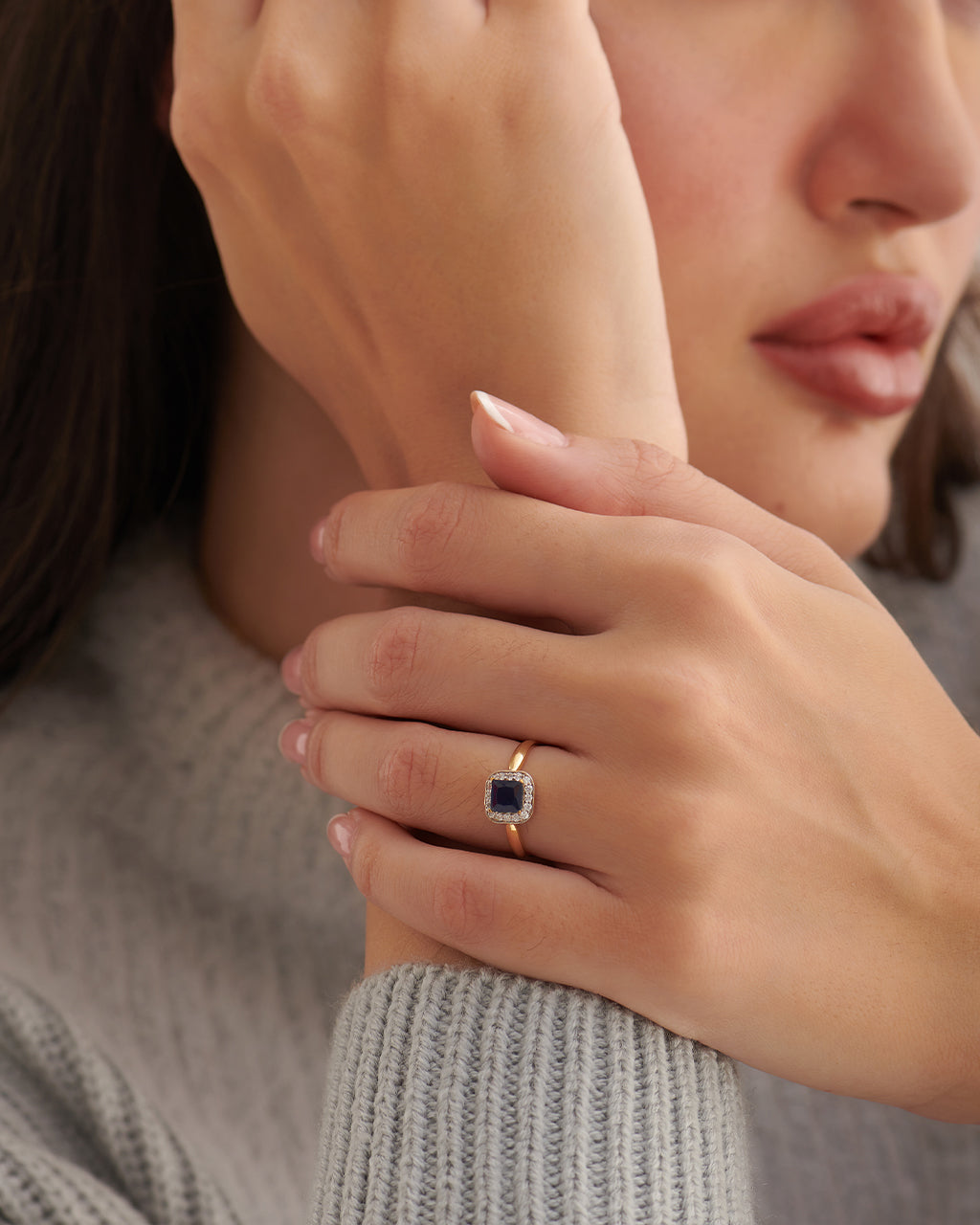 Created Blue Sapphire & Diamond Ring, 14K Solid Gold, 1/8 ct Lab Grown Diamond-3