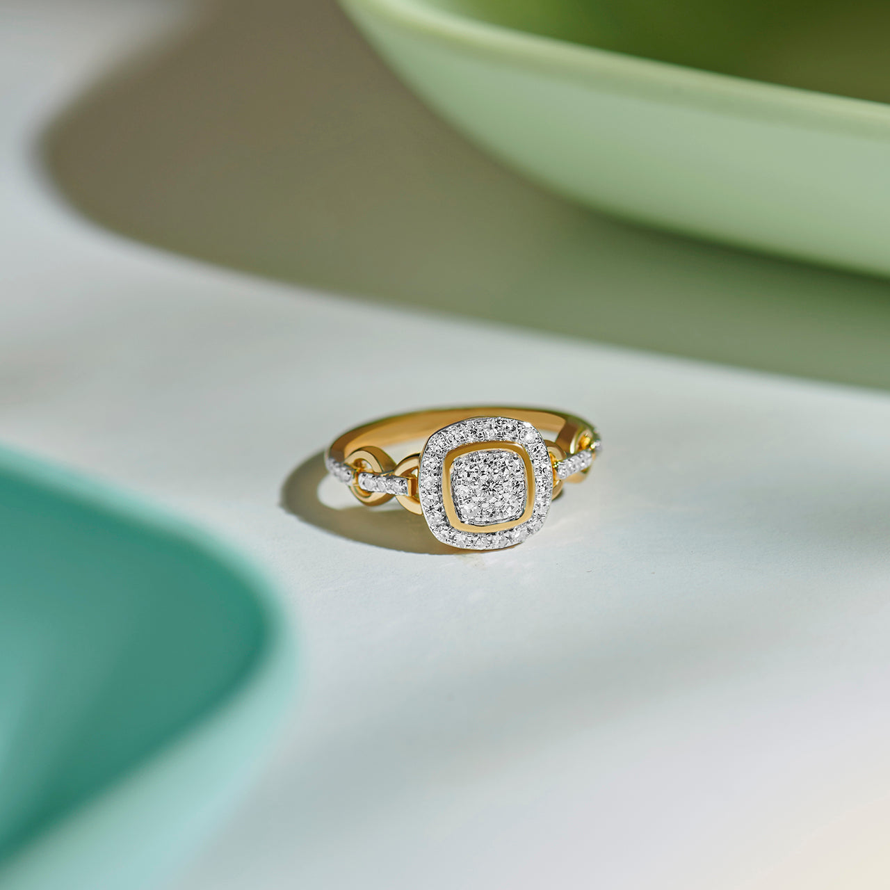 Square Chain Link Diamond Ring, 14K Gold Vermeil, 3/8 ct Lab Grown Diamond-1