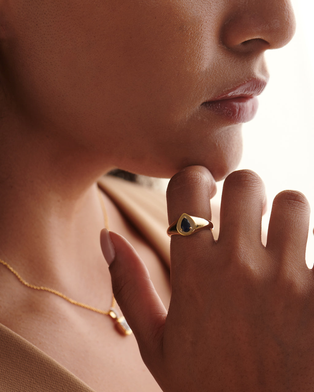 Created Sapphire Signet Ring, 14K Solid Gold-2