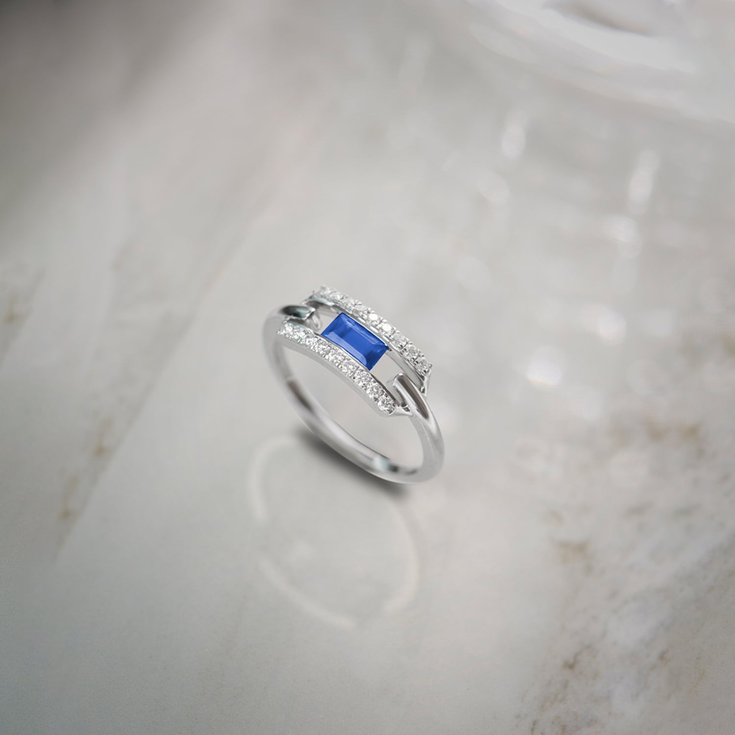 Created Sapphire Paperclip Ring, 14K Solid Gold, 1/5 ct Lab Grown Diamond-1