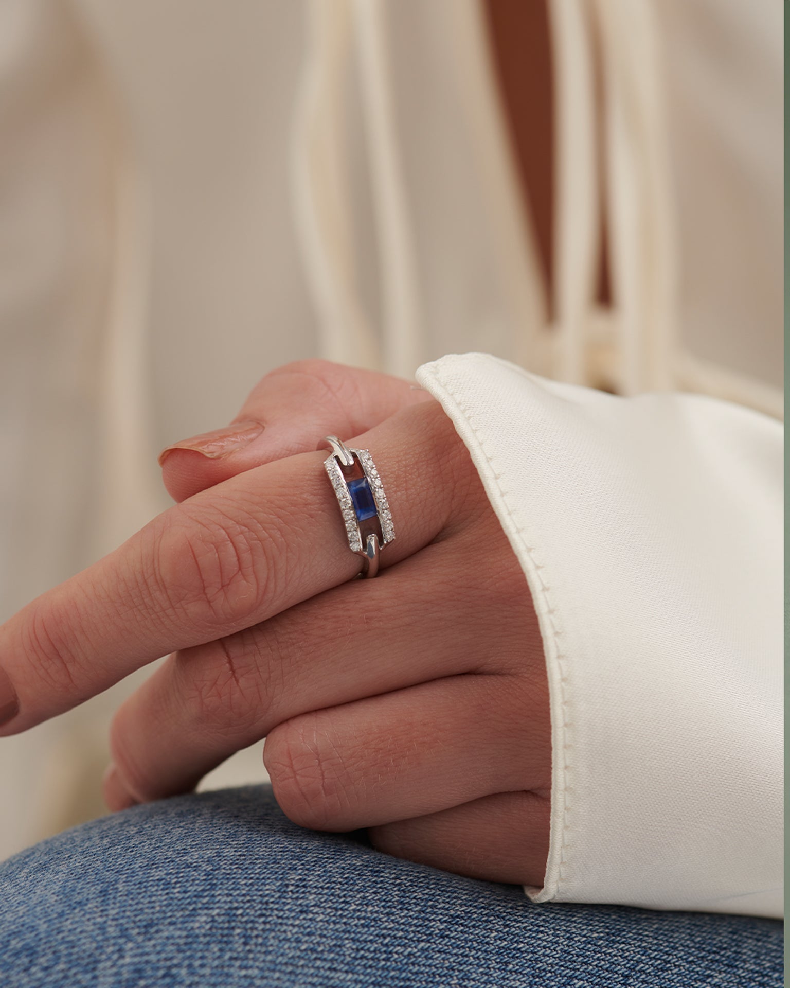 Created Sapphire Paperclip Ring, 14K Solid Gold, 1/5 ct Lab Grown Diamond-2