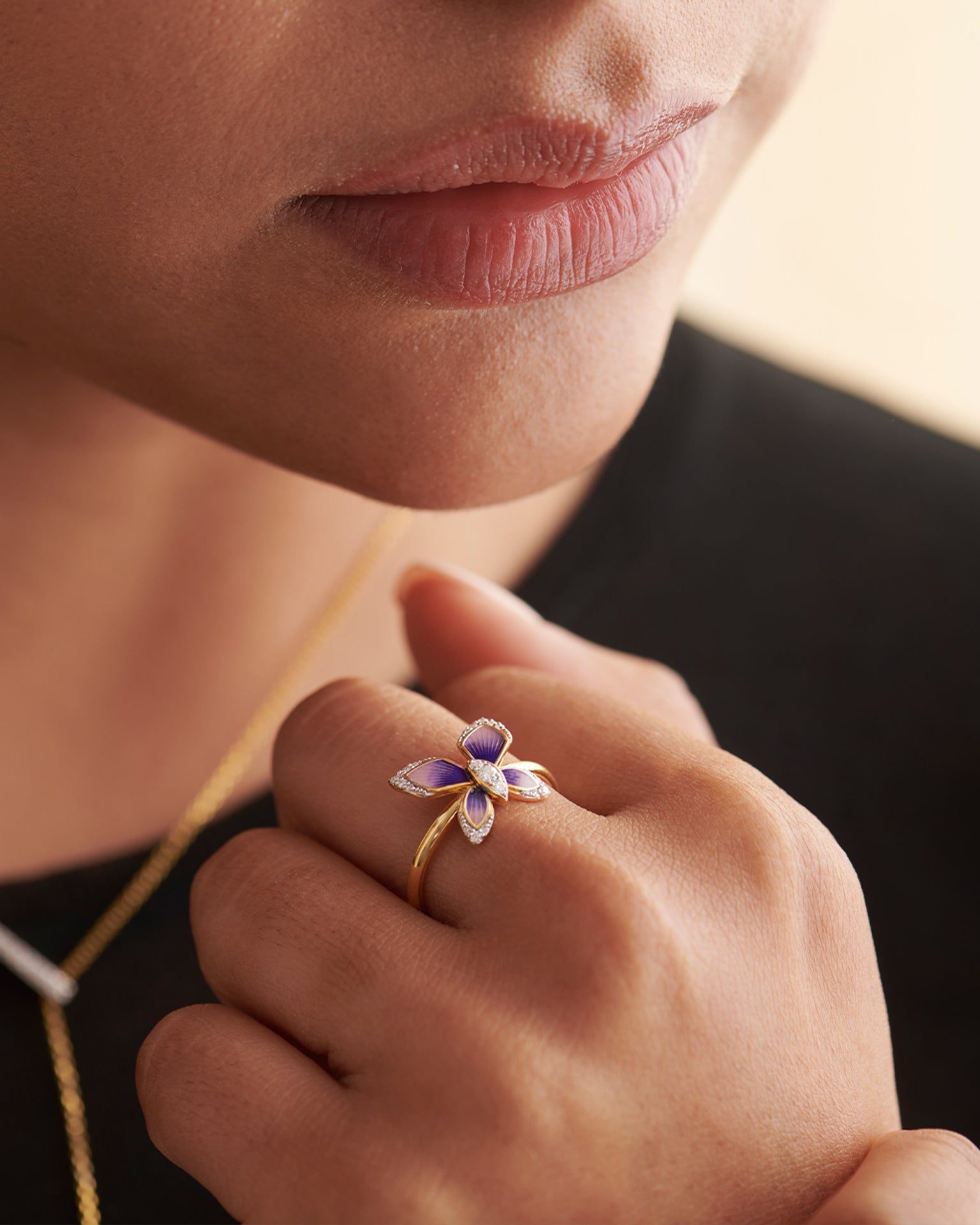 Enamel Butterfly Ring, 14K Solid Gold, 1/8 ct Lab Grown Diamond-2