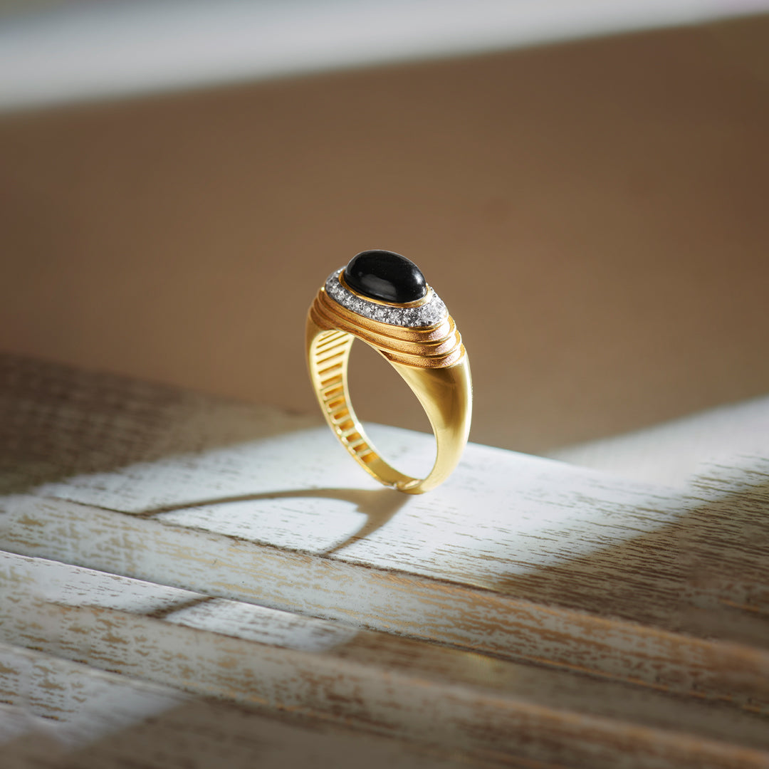 Created Black Onyx Signet Ring, 14K Solid Gold, 1/4 ct Lab Grown Diamond-1