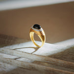 Created Black Onyx Signet Ring, 14K Solid Gold, 1/4 ct Lab Grown Diamond-1
