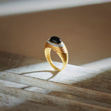 Created Black Onyx Signet Ring, 14K Solid Gold, 1/4 ct Lab Grown Diamond-1