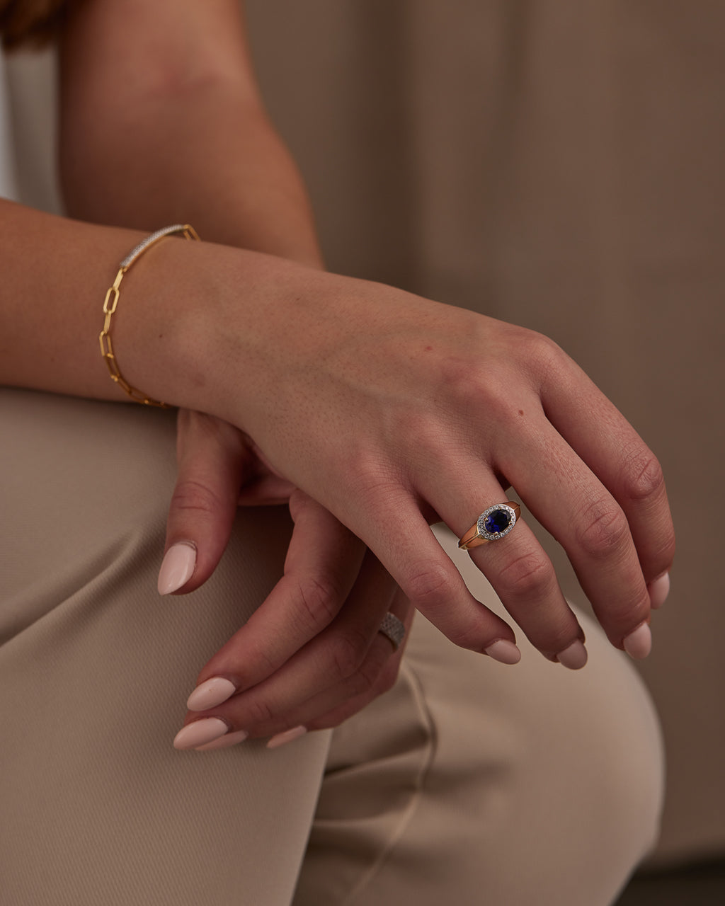 Created Blue Sapphire Signet Diamond Ring, 14K Gold Vermeil, 1/5 ct Lab Grown Diamond-2
