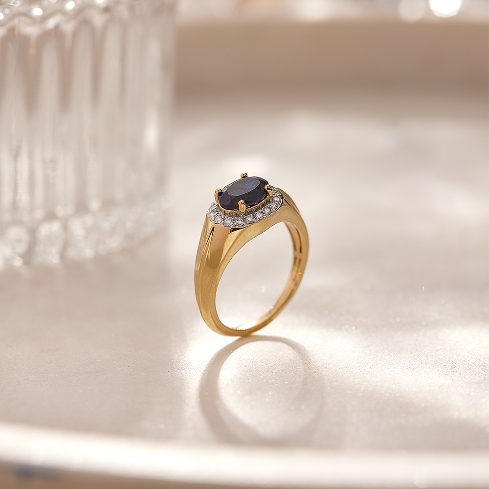Created Blue Sapphire Signet Diamond Ring, 14K Solid Gold, 1/5 ct Lab Grown Diamond-1