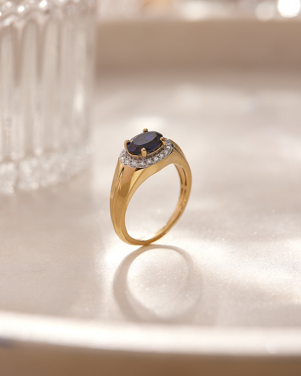 Created Blue Sapphire Signet Diamond Ring, 14K Solid Gold, 1/5 ct Lab Grown Diamond-6