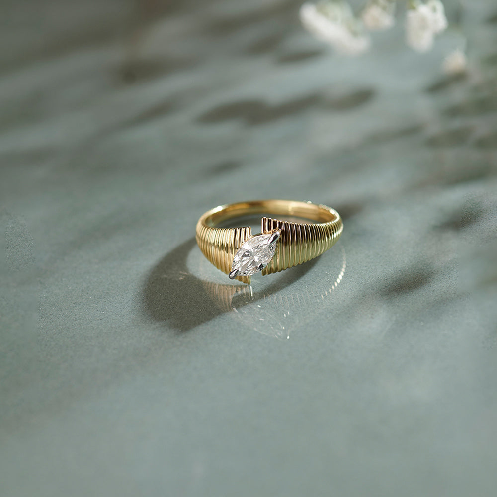Textured Marquise Solitaire Ring, 14K Solid Gold, 1/2 ct Lab Grown Diamond-1
