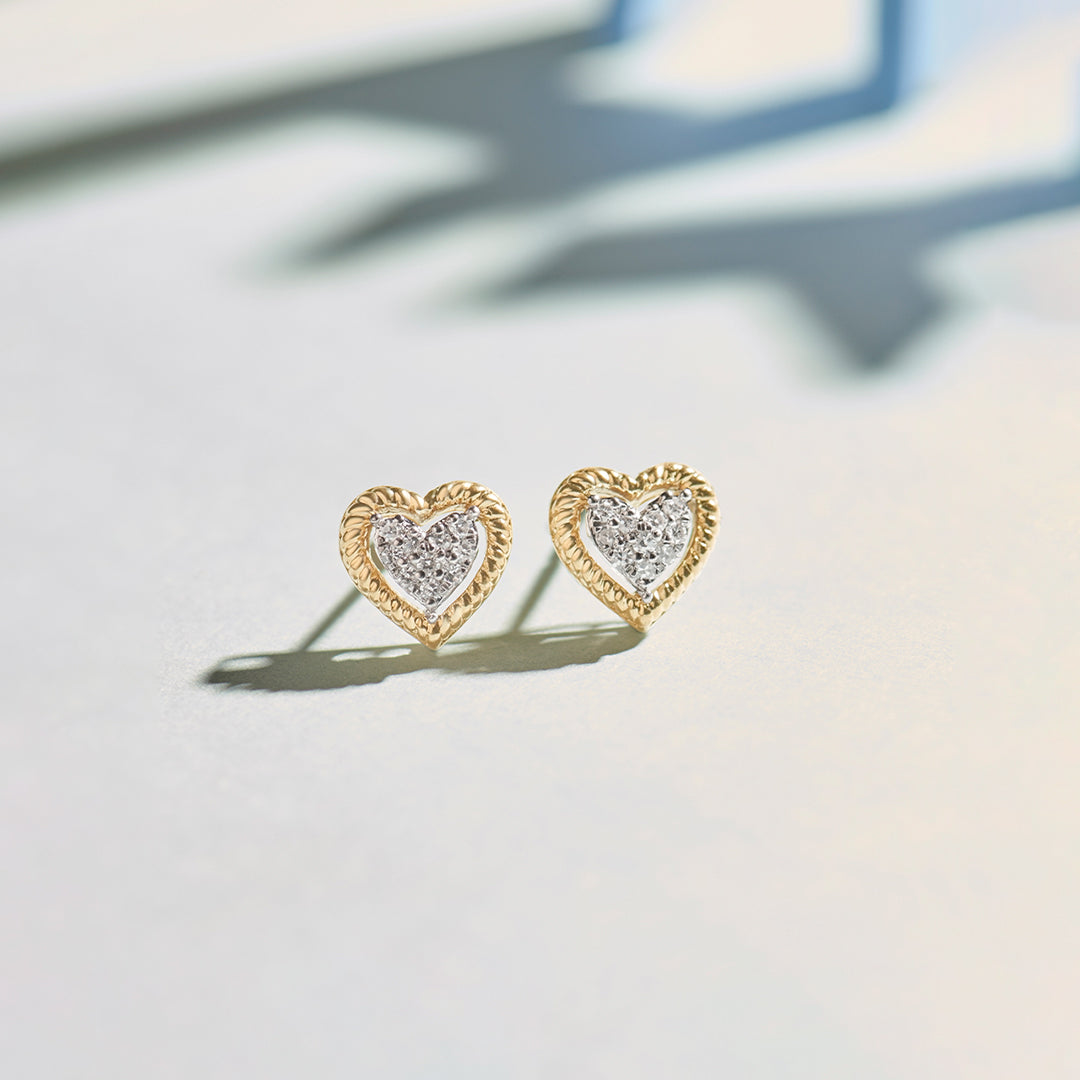 Rope Heart Diamond Earrings, 14K Solid Gold, 1/8 ct Lab Grown Diamond-1