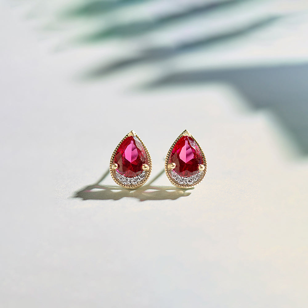 Pear Ruby & Diamond Earrings, 14K Gold Vermeil, 1/20 ct Lab Grown Diamond-1