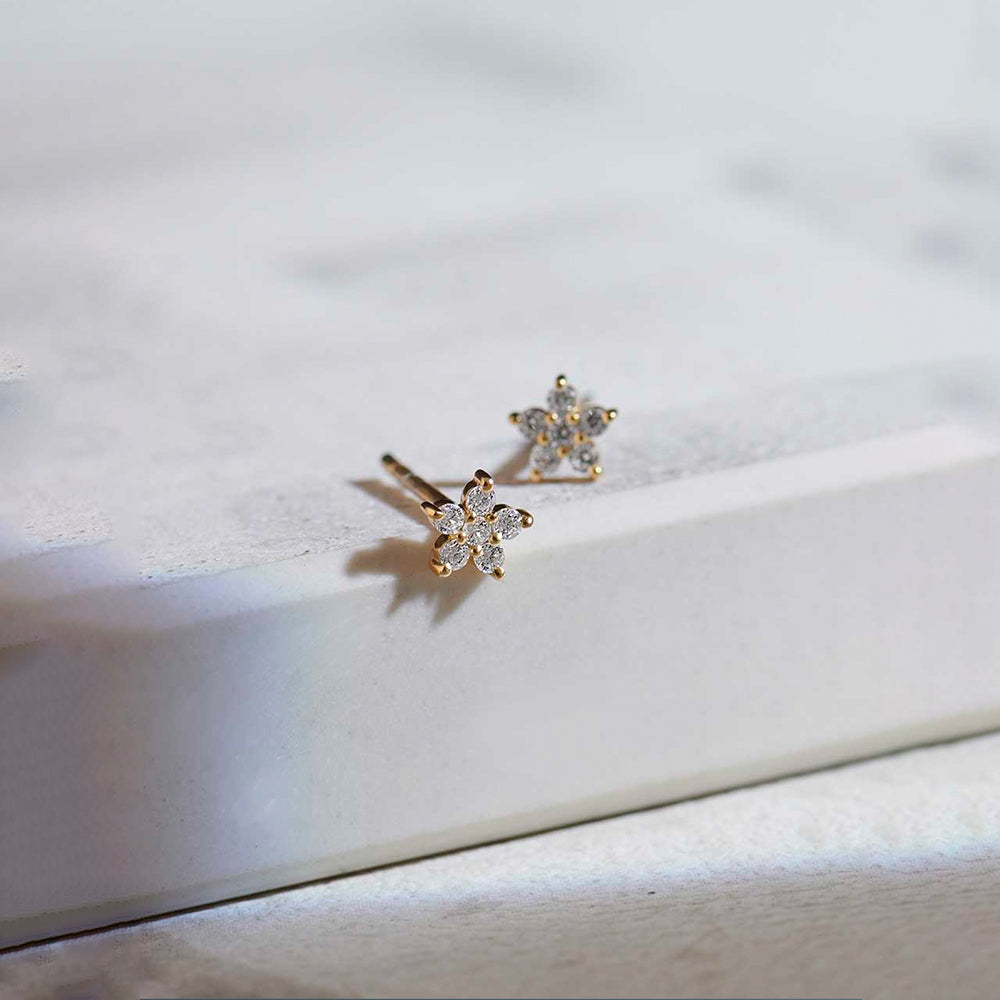 Floral Small Diamond Earrings, 14K Gold Vermeil, 1/8 ct Lab Grown Diamond-1