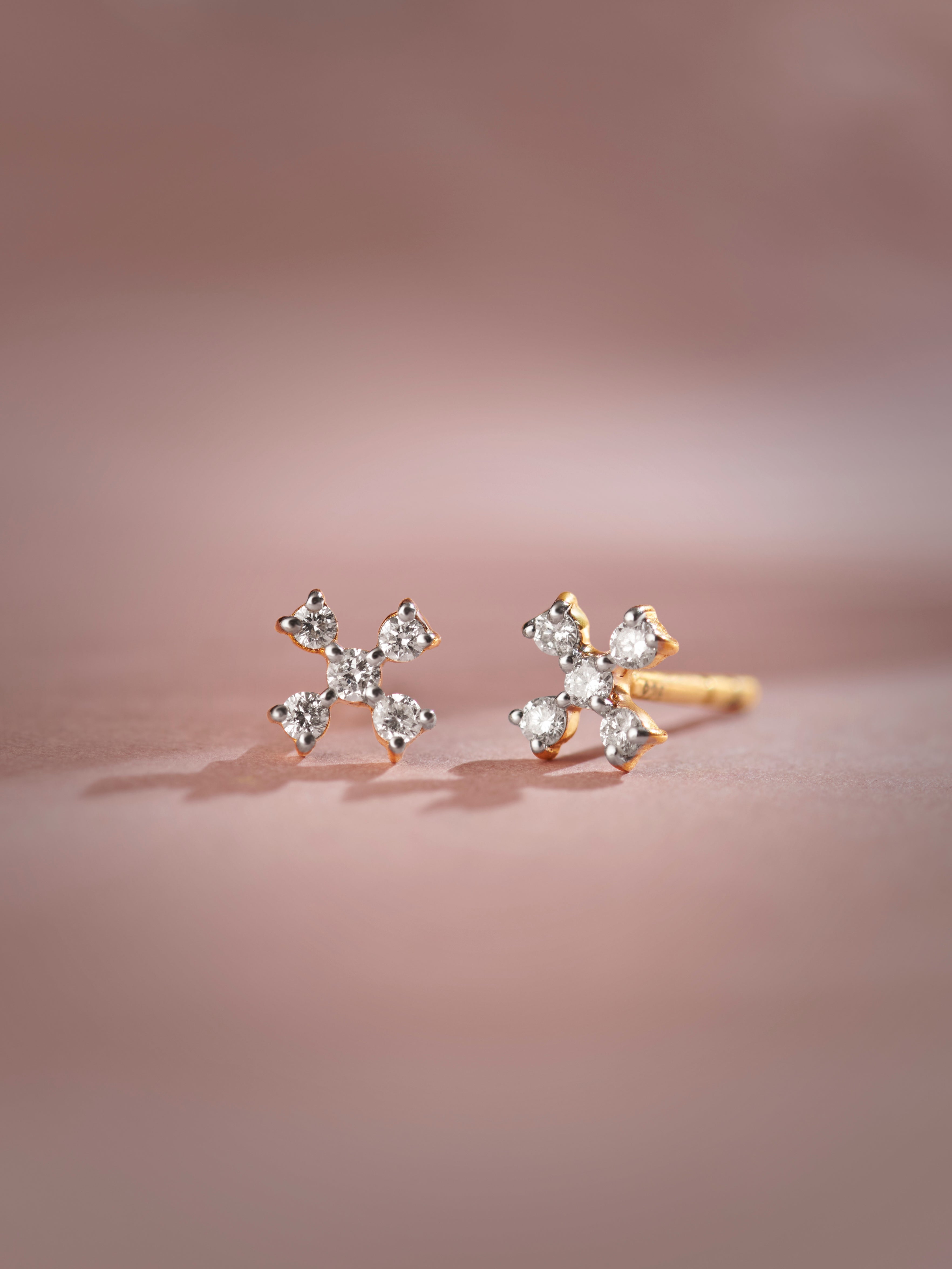 Small Petal Diamond Earrings, 14K Solid Gold, 1/8 ct Lab Grown Diamond-1