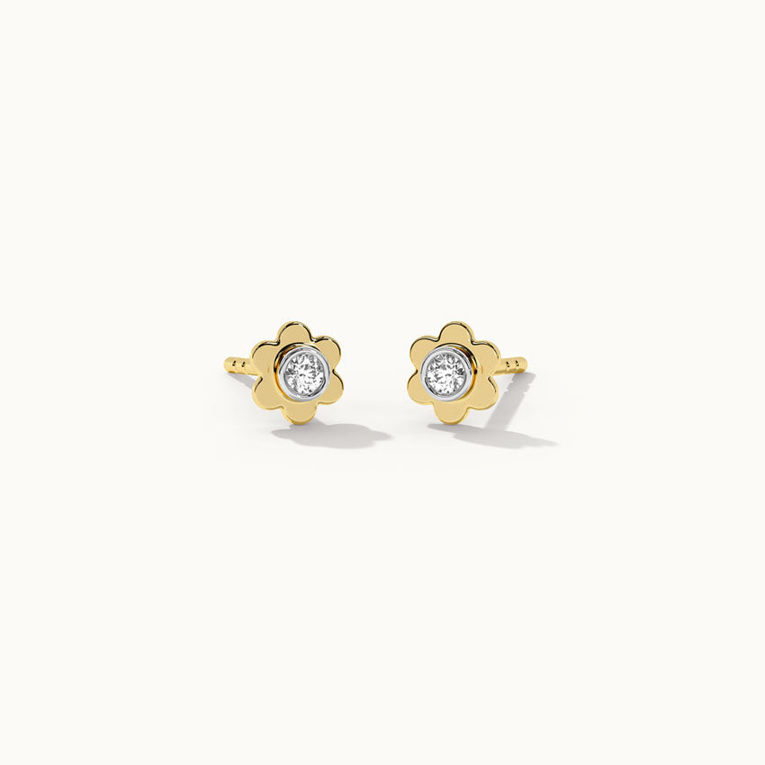 Floral Small Bezel Diamond Earrings, 14K Gold Vermeil, 1/10 ct Lab Grown Diamond-3