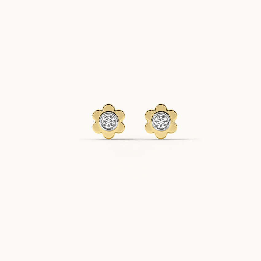 Floral Small Bezel Diamond Earrings, 14K Gold Vermeil, 1/10 ct Lab Grown Diamond-7