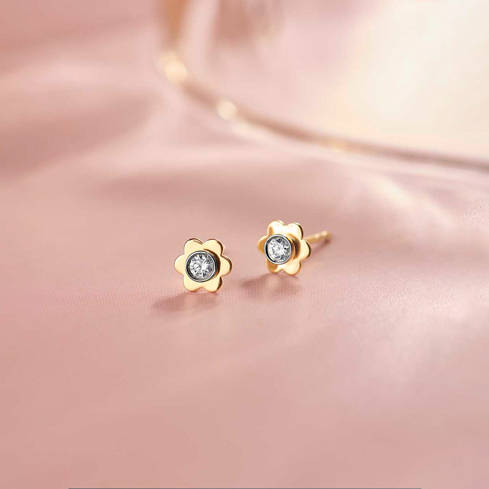 Floral Small Bezel Diamond Earrings, 14K Solid Gold, 1/10 ct Lab Grown Diamond-1