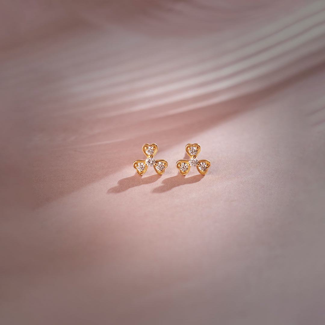 Shamrock Diamond Earrings, 14K Solid Gold, 1/6 ct Lab Grown Diamond-1