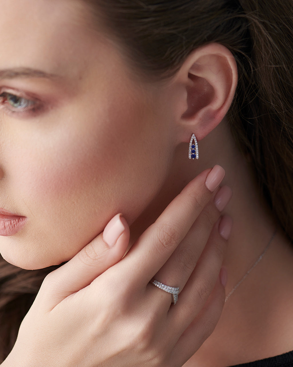 Created Sapphire Wishbone Earrings, Sterling Silver, 1/4 ct Lab Grown Diamond-2