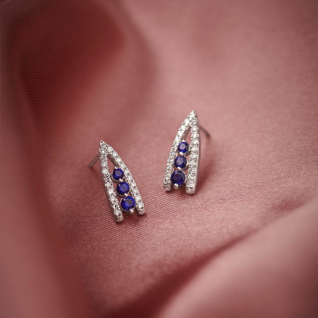 Created Sapphire Wishbone Earrings, 14K Solid Gold, 1/4 ct Lab Grown Diamond-1