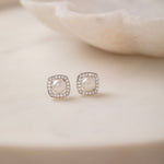 Classic Cushion Pearl Diamond Earrings, Sterling Silver, 1/3 ct Lab Grown Diamond-5