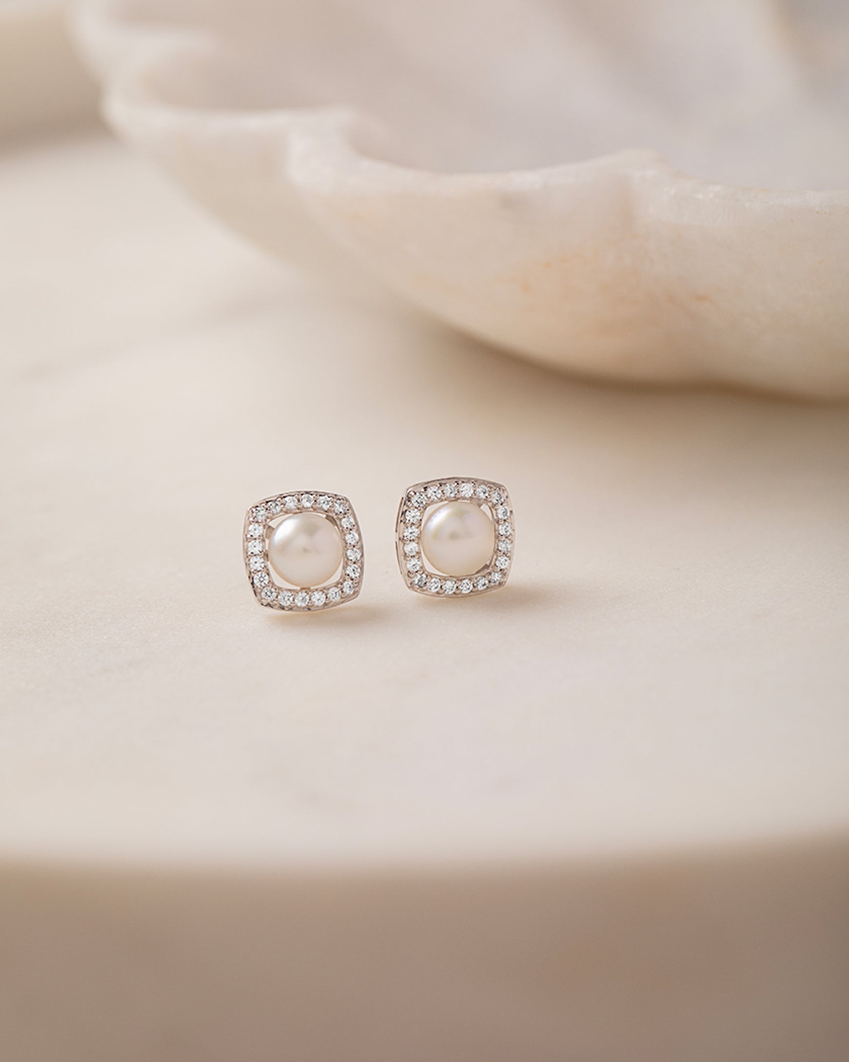 Classic Cushion Pearl Diamond Earrings, Sterling Silver, 1/3 ct Lab Grown Diamond-5