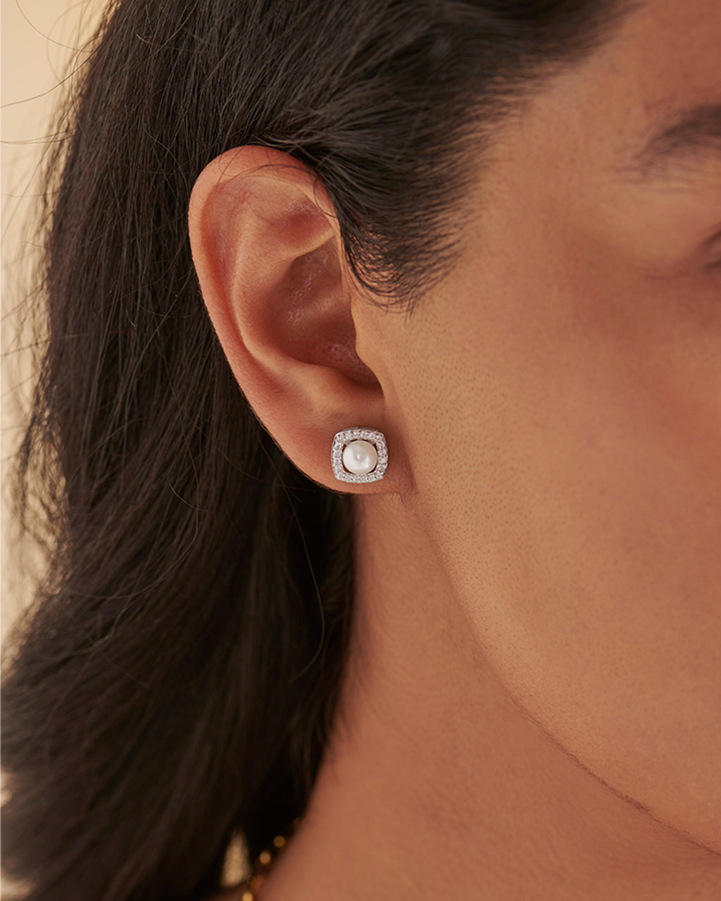 Classic Cushion Pearl Diamond Earrings, Sterling Silver, 1/3 ct Lab Grown Diamond-2