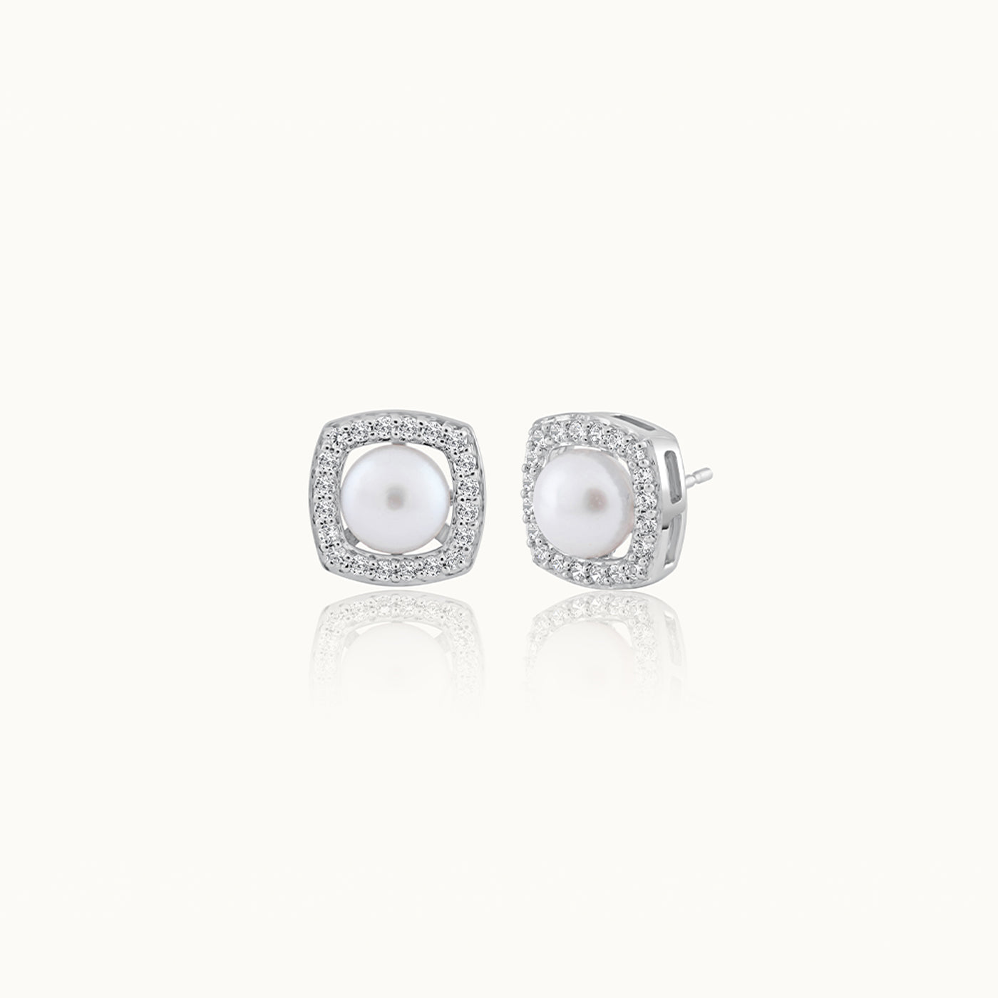 Classic Cushion Pearl Diamond Earrings, Sterling Silver, 1/3 ct Lab Grown Diamond-3