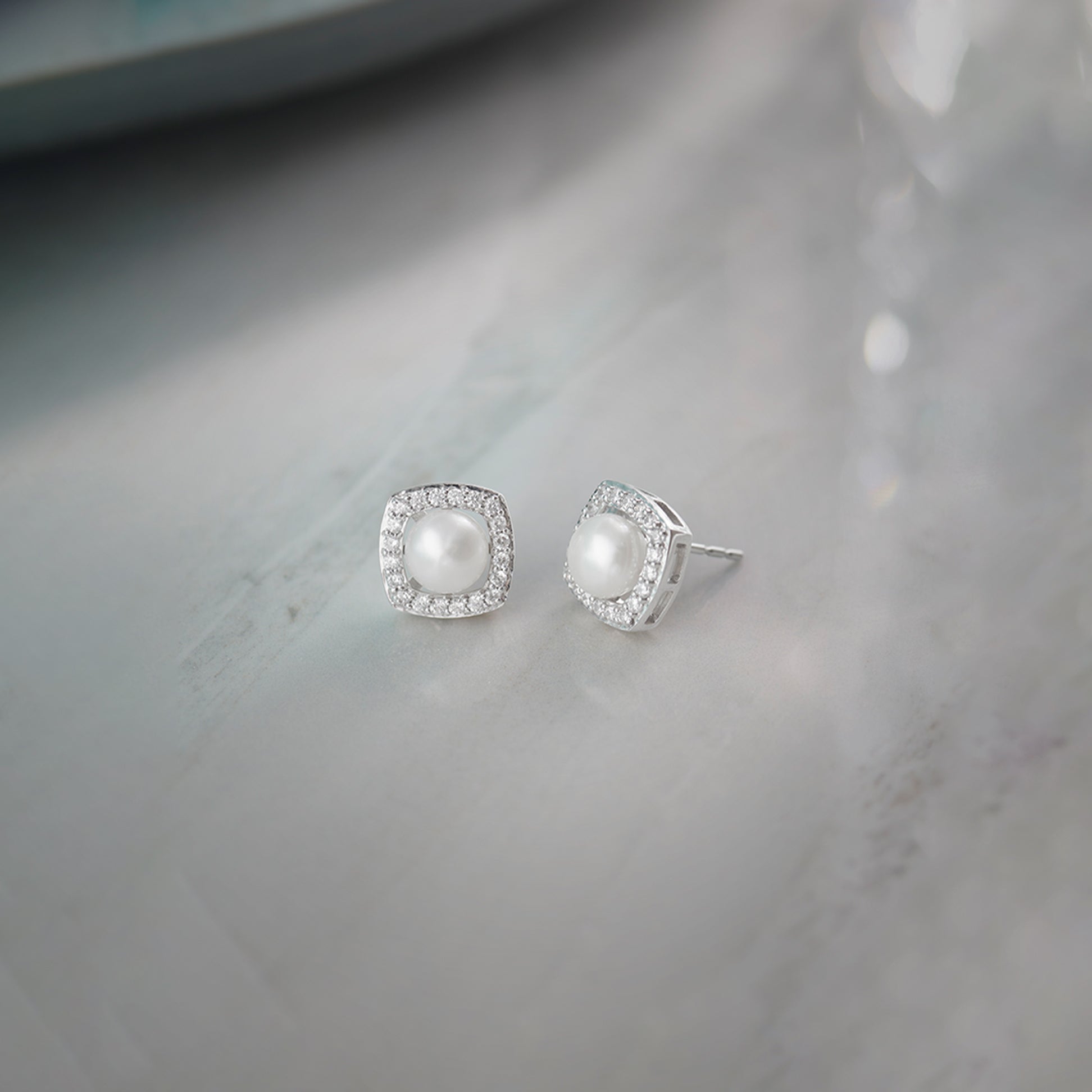Classic Cushion Pearl Diamond Earrings, Sterling Silver, 1/3 ct Lab Grown Diamond-1