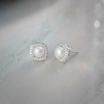 Classic Cushion Pearl Diamond Earrings, Sterling Silver, 1/3 ct Lab Grown Diamond-6