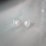Classic Cushion Pearl Diamond Earrings, Sterling Silver, 1/3 ct Lab Grown Diamond-6