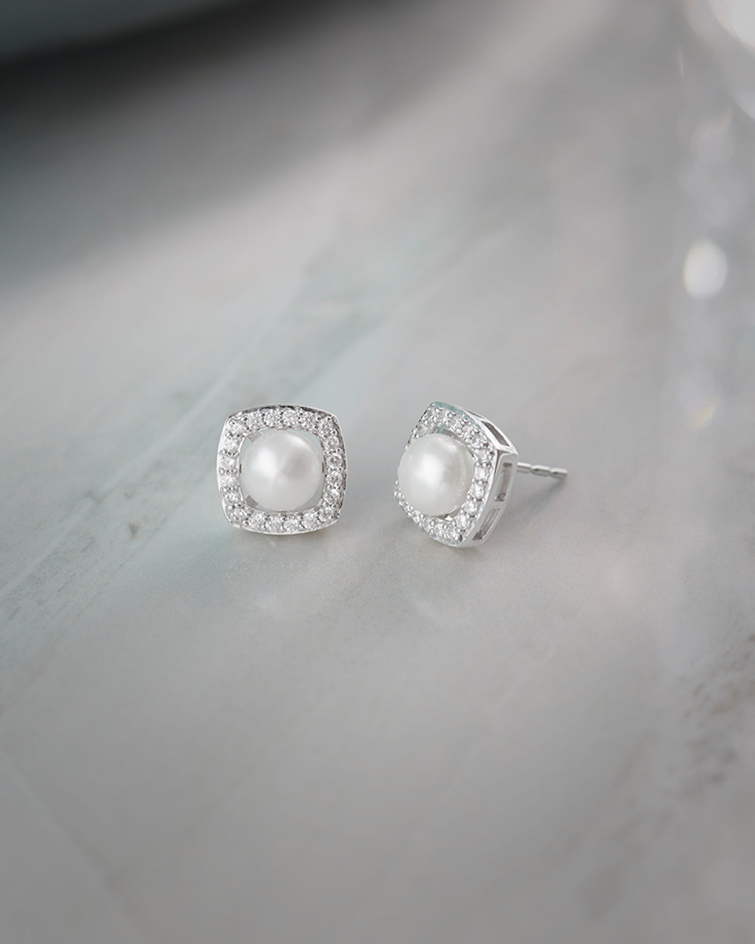 Classic Cushion Pearl Diamond Earrings, Sterling Silver, 1/3 ct Lab Grown Diamond-6