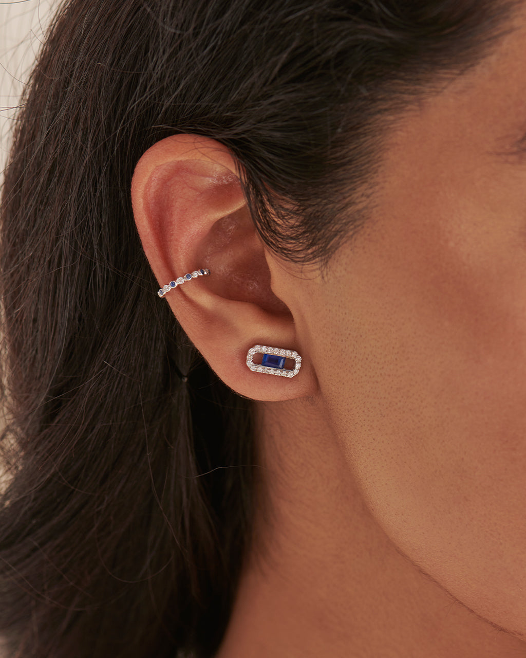 Created Sapphire Paperclip Studs, 14K Solid Gold, 1/3 ct Lab Grown Diamond-2