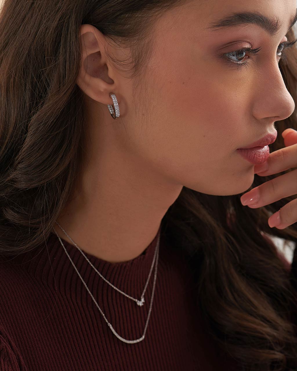Classic Two Line Panaroma Diamond Hoops, Sterling Silver, 1 ct Lab Grown Diamond-5